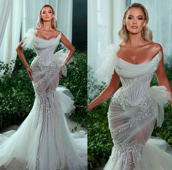 Abiti da sposa a sirena con illusione sexy Scoop Pleats Abito da sposa con disossamento esposto Appliques su misura Abiti da sposa da donna senza maniche