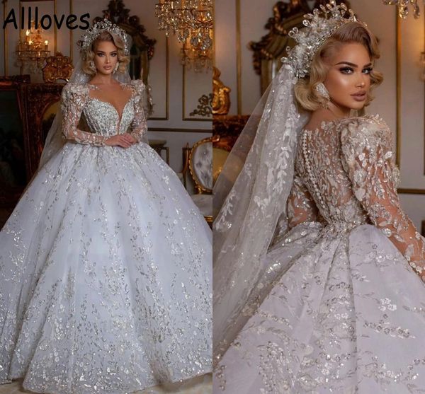 Lusso Dubai Arabo Royal Ball Gown Abiti da sposa con maniche lunghe Sparkly Paillettes Ricamo Pizzo Puffy Principessa Medio Oriente Abiti da sposa marocchini CL0734