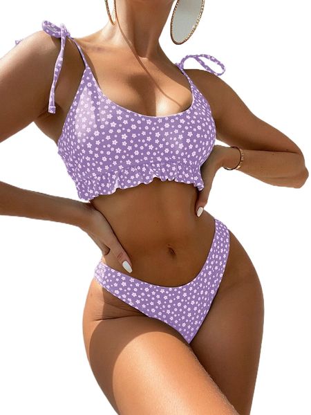 

ditsy floral print ruffle hem bikini swimsuit q9pd#, White;black