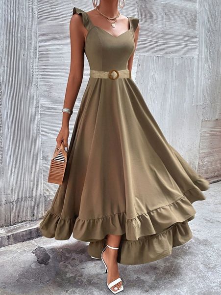 

solid ruffle trim high low hem dress without belt d09x#, Black;gray