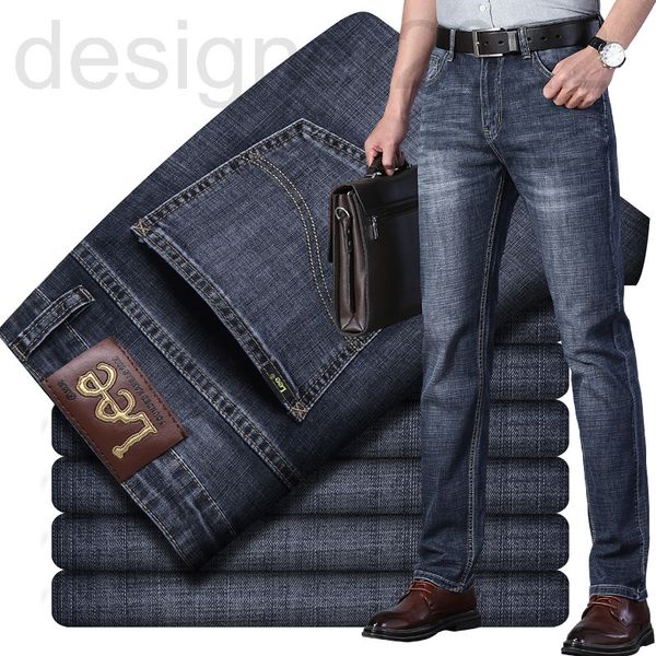 

men's jeans designer le summer thin men's jeans korean fashion slim straight elastic business medium waist casual grey pants 75t3, Blue