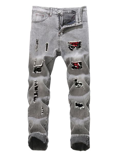 

romwe guys plaid graphic ripped jeans l9lr#, Blue