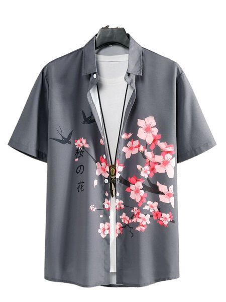 

men japanese letter & floral print shirt without tee u5es#, White;black