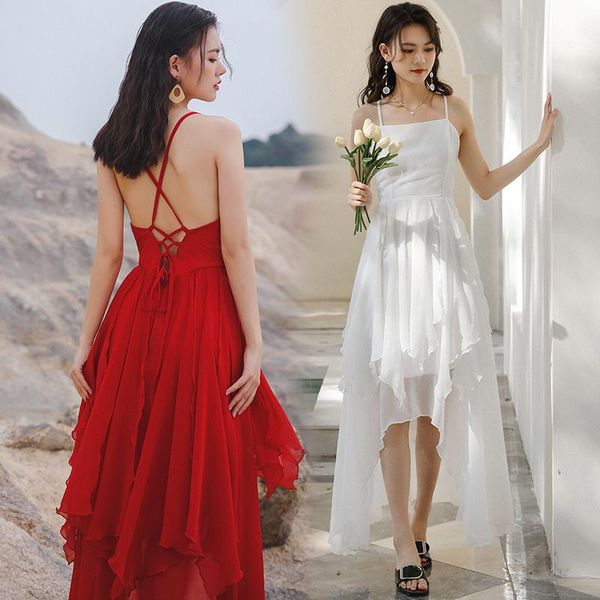 

casual dresses 2022 summer spaghetti straps backless lace-up beach sundress women irregular mesh patchwork bohemian solid sling dress female, Black;gray