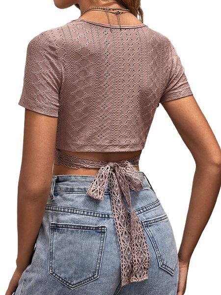 

square neck eyelet embroidery crop tee c0xl#, White