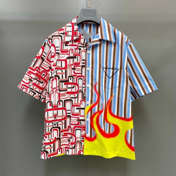 

men's casual shirts mr. chen's independent geometric stripe flame splicing printed poplin short sleeve shirt os version men's, White;black