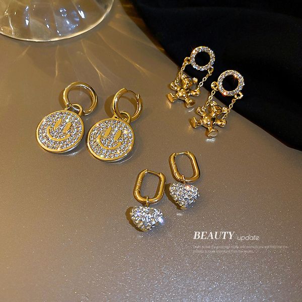 

european and american exaggerated zircon smiley face rhinestone earrings ins design simple fashion ear clips temperament entry lux earrings, Golden
