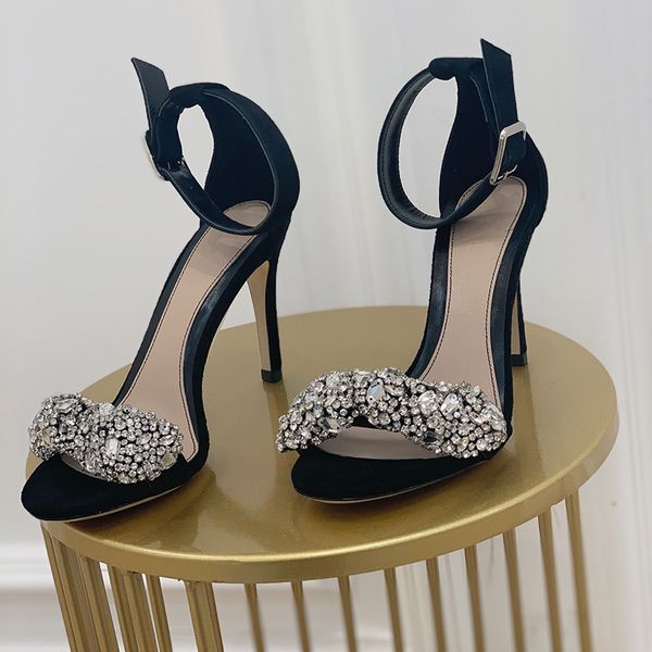 Modedesigner Sandalen Kristall Diamant Dekoration Sexy schwarze Stiletto Damen coole Schuhe Top-Qualität hochhackige Rom Damen Sandale Fabrikschuhe