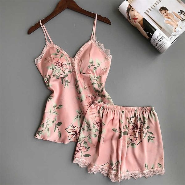 

spaghetti strap printing lace women pajamas v-neck with pad female summer pajama set summer fashion female sleepwear 210713, Black;red