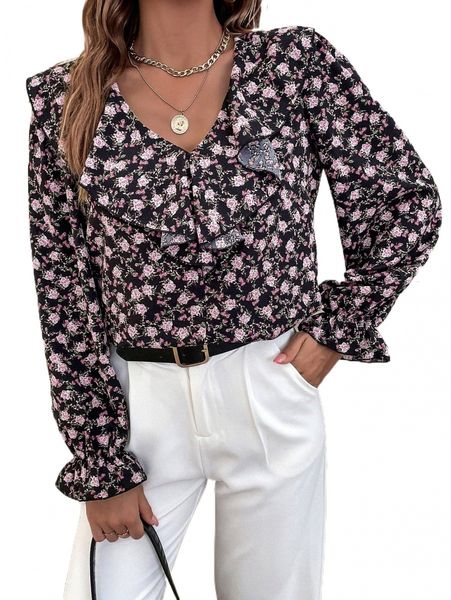 

allover floral print flounce sleeve ruffle trim blouse j5ld#, White
