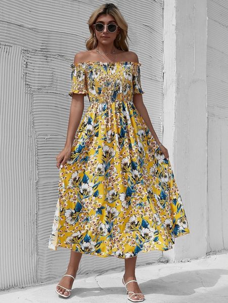 

floral print off shoulder frill trim shirred dress a7wo#, Black;gray