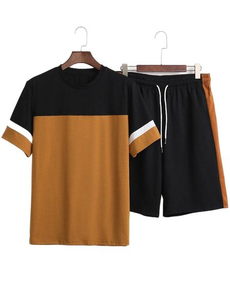 

men colorblock tee & drawstring waist shorts e1l1#, Gray