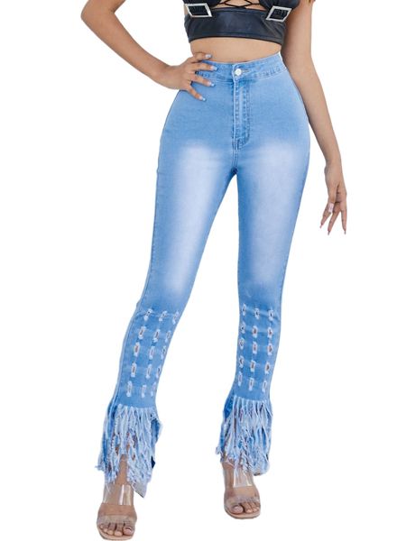 

h.igh w.aist ripped f.ringe hem s.kinny j.eans b2sx#, Blue