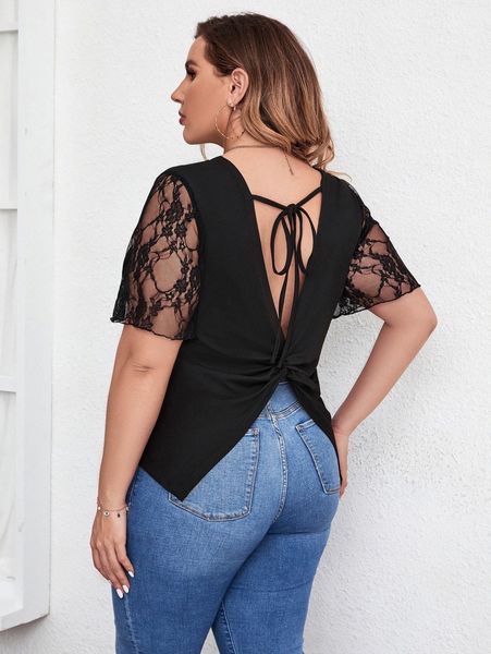 

plus contrast lace twist tie back tee z1uh#, Black