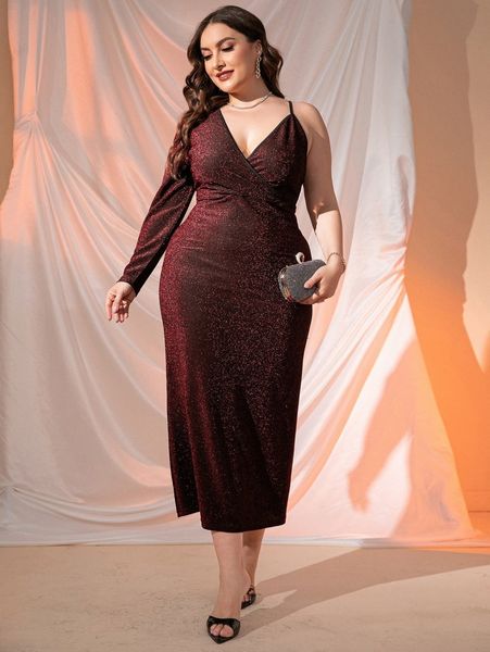 

plus asymmetric neck contrast binding glitter dress d2ed#, Black