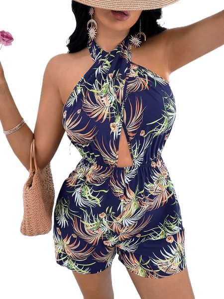 

tropical print wrap cross backless halter romper u9qp#, Black;white