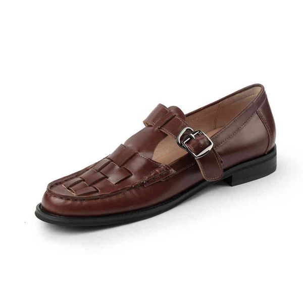 

dress shoes spring and summer women's shoes round head low heels gold belt buckle woven casual single haac, Black