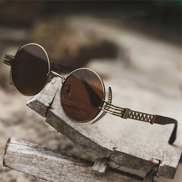Moda steampunk redondo óculos de sol homens designer feminino Metal Metal Frame UV400 Lente de alta qualidade Hip Hop Sun Glasses com estojo