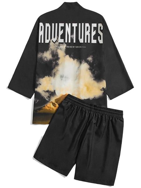 

men letter graphic tie dye kimono & drawstring waist shorts v6bk#, Gray
