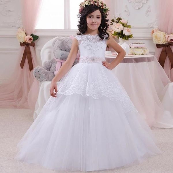 Mädchen Kleider Blumenmädchen mit Schleife Perlen Kristall Schnürung Applikation Ballkleid Erstkommunion Kleid für Mädchen Maßgeschneiderte Vestidos LongoGirl‘