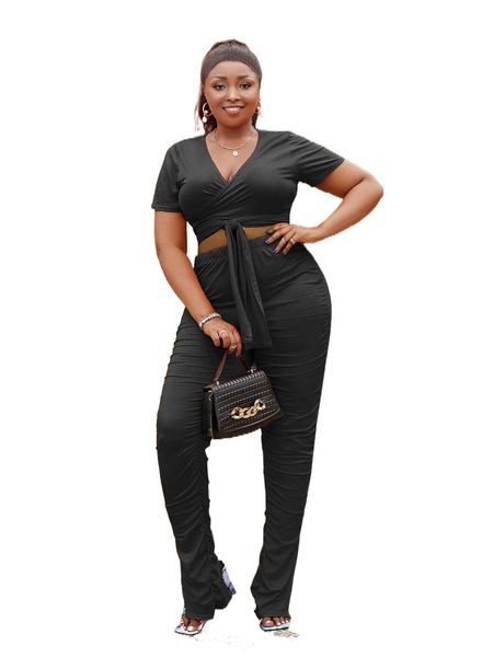 

plus ruched knot front crop & pants d18w#, Black