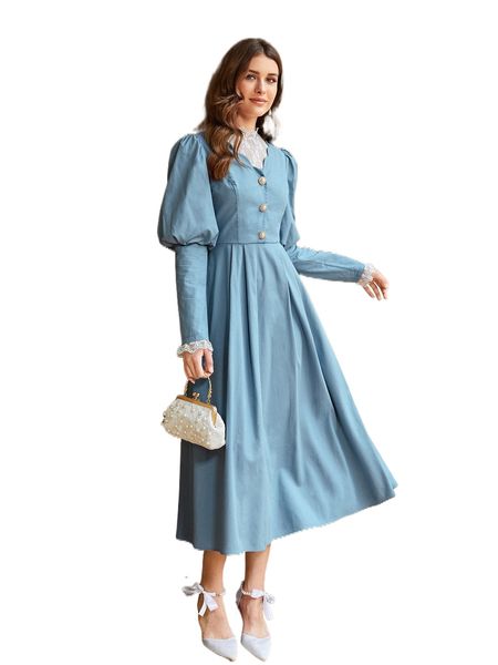 

gigot sleeve contrast lace flared hem dress k6lo#, Black;gray