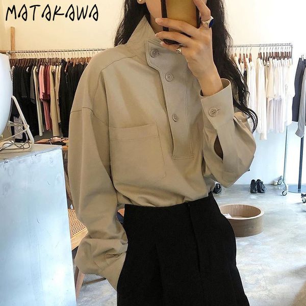 

loose stand collar blusas women korea chic retro blouse autumn oblique buckle vintage long sleeve shirt 210506, White