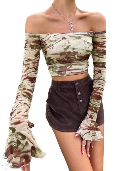 

tie dye off shoulder flounce sleeve crop mesh u5ju#, White