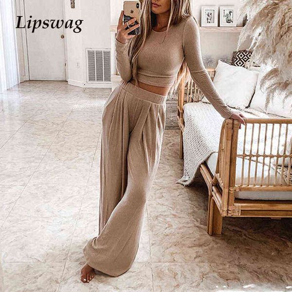 

women casual knitted rib two-piece sets 2020 autumn ladies long sleeves &long pants elegant o-neck solid color leisure suit t220729, Gray