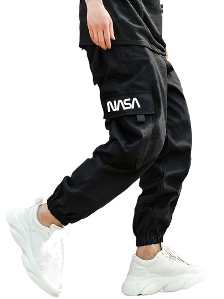 

men letter graphic flap pocket cargo pants w26n#, Black