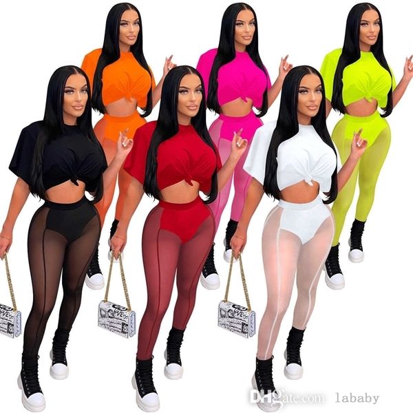 Roupa de desenhista Sheer Yoga Calças de Calças para Mulheres Verão Sexy Mesh 2 Piece Sets Crop Tops ver através de roupas leggings