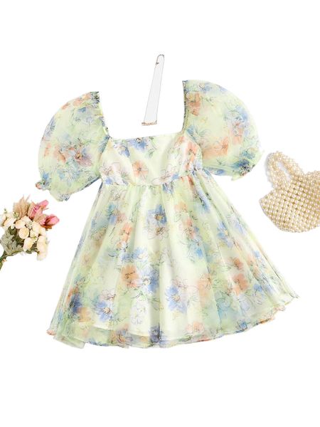 

floral square neck puff sleeve organza dress 89k6#, Black;gray