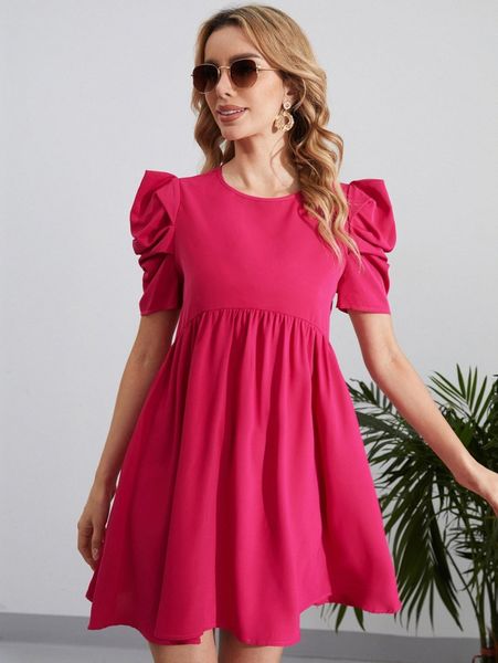 

keyhole back puff sleeve smock dress v5pg#, Black;gray