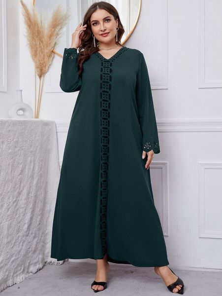 

plus geo pattern laser cut scallop trim tunic dress 312p#, Black