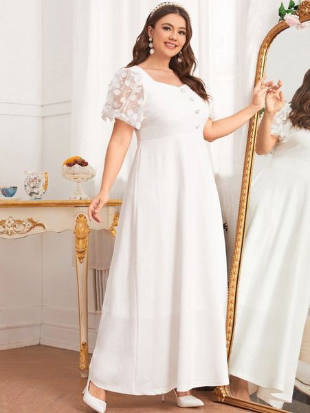 

plus floral appliques puff sleeve fake button maxi dress n2io#, Black