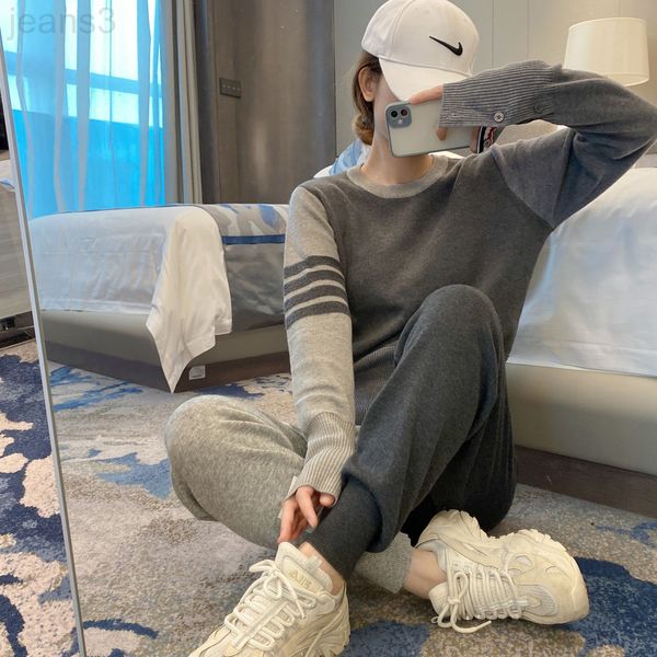 

two piece dress designer tb autumn and winter new color blocking round neck knitted sweater coat stripe leggings casual sportswear women cwd, White