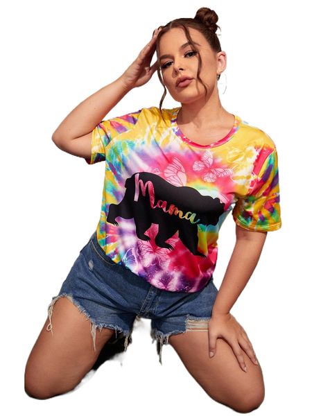 

plus 1pc bear & letter graphic tie dye tee l1mn#, Black