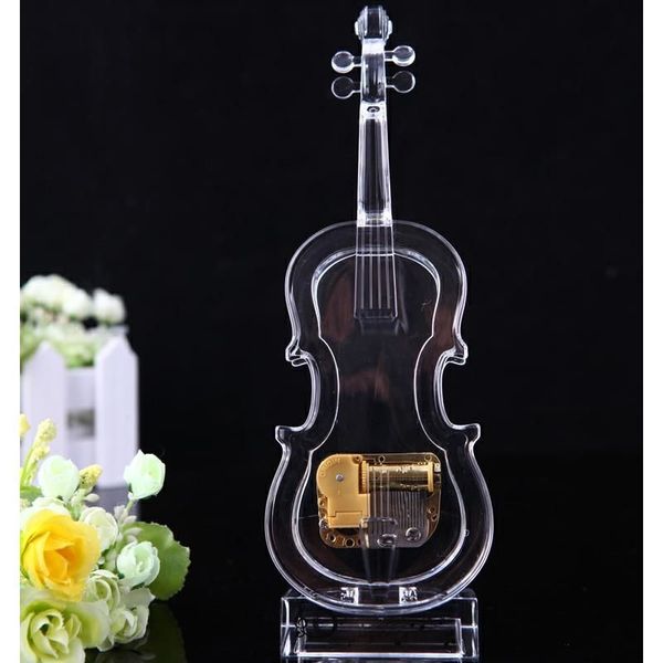 Mecânica Corda Violino Transparente Caixa de Música Acrílico Transparente Favorita de Festa Mini Estatuetas Ornamento para Casa Decoração de Natal Presente de Aniversário Castelo no Céu