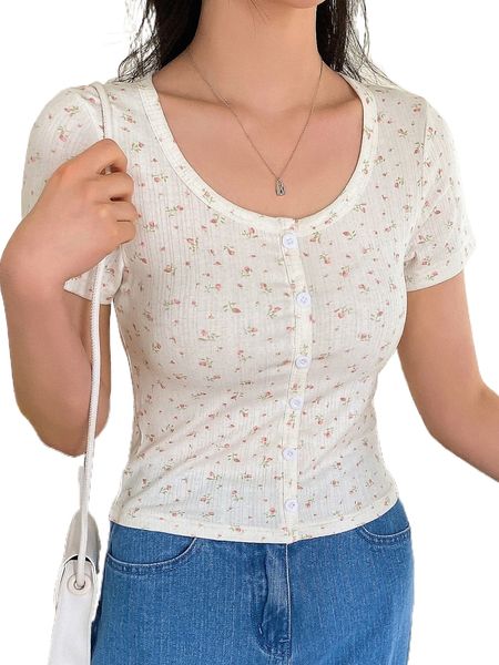 

dazy ditsy floral scoop neck button front tee 17tr#, White
