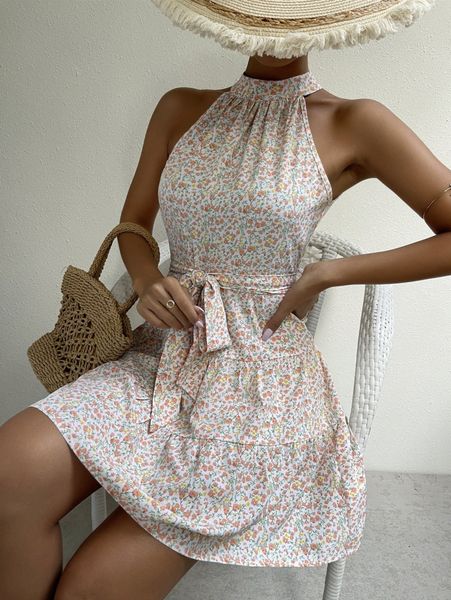 

ditsy floral ruffle hem belted dress 74jh#, Black;gray