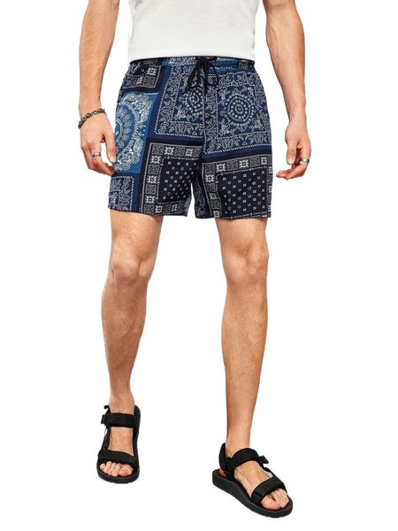 

men scarf print drawstring waist shorts l9zf#, White;black