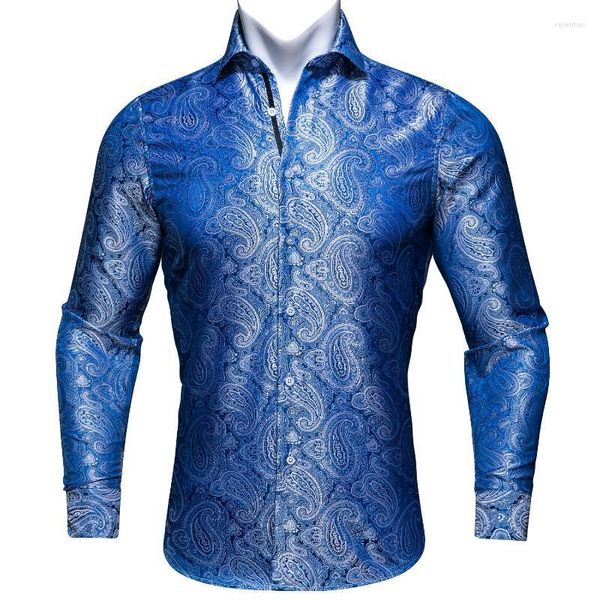 Herrenhemden Barry.Wang 4XL Luxus Teal Blau Paisley Seide Männer Langarm Casual Blume Für Fit Hemd BY-0066Men's Vere22