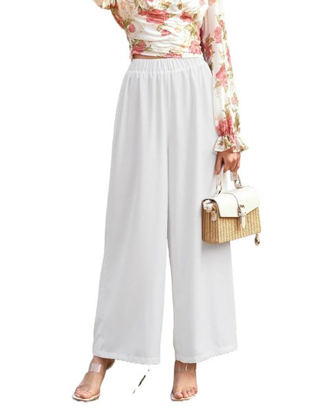 

solid elastic waist wide leg pants t8xx#, Black;white