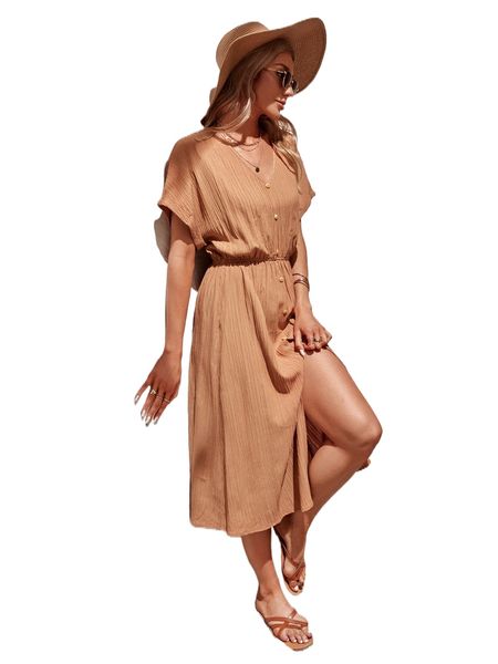 

batwing sleeve fake button split thigh dress e4il#, Black;gray