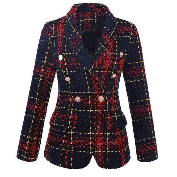 

new stylish 2020 designer blazer women s double breasted lion metal buttons plaid tweed wool blazer outer coat lj201021, White;black
