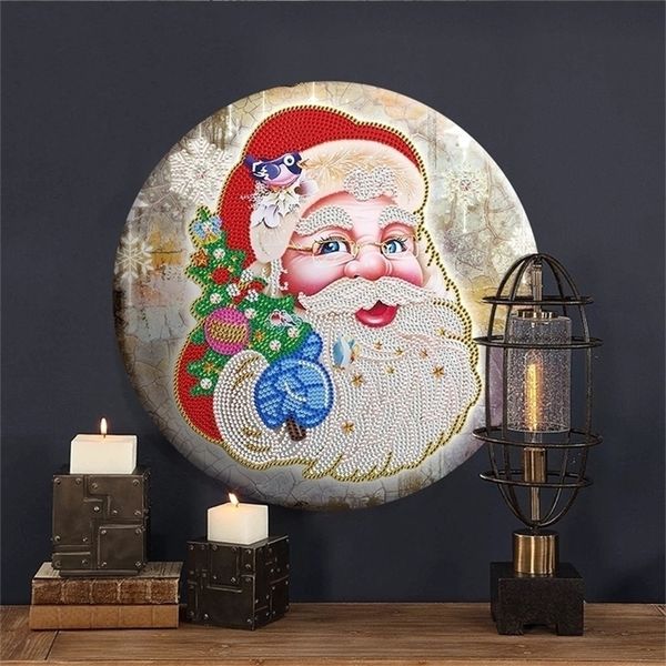 Babbo Natale 5D Diamond Painting Set Rotondo Lamiera di ferro Diamante Mosaico Ricamo Punto croce Regalo di Natale Decorazione della parete di casa 201203