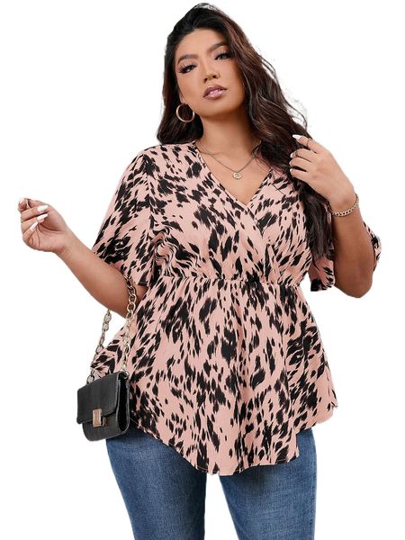 

plus allover print peplum blouse b9xk#, Black