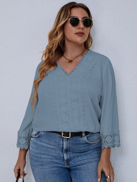 

plus contrast guipure lace blouse t1p1#, Black