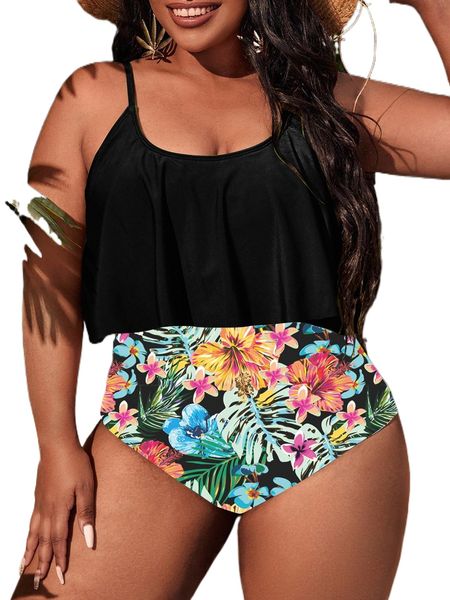 

plus tropical print one piece swimsuit p8h5#, White;black