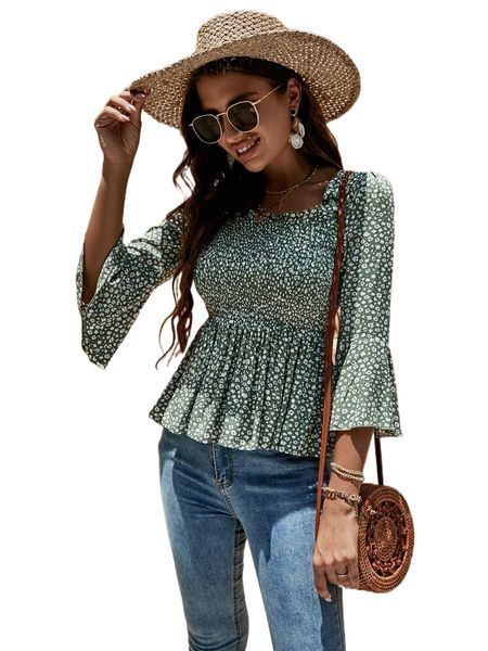 

ditsy floral shirred flounce sleeve peplum blouse g0np#, White